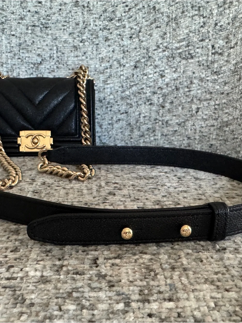 Chanel Black Mini Boy Bag Chevron Quilted Caviar Leather - Light Gold Chain